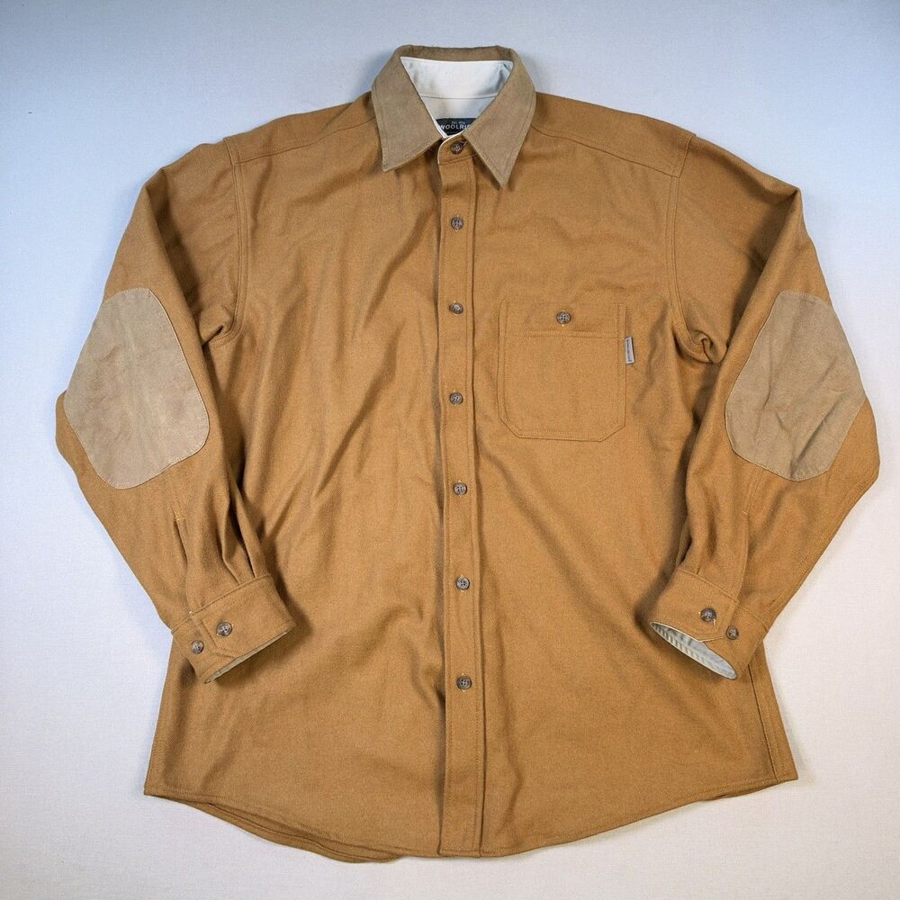 Woolrich Buckskin Wool Shirt Mens Large Tan Elbow Patch Outdoor Heritage 4741CC